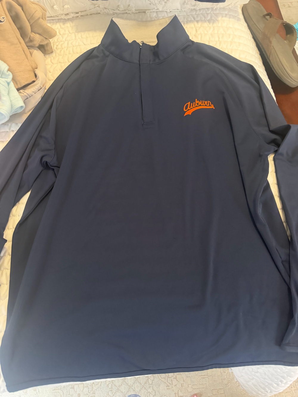 Peter Millar Navy Longsleeve Pullover with Orange Logo for Auburn